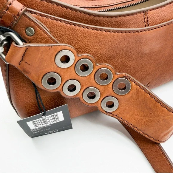 Frye Claire Leather Shoulder Bag Buckle Grommet Zip Top Cognac Brown NEW - Picture 12 of 16